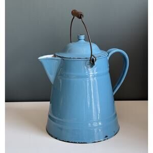 Extra Large Enamelware Antique Coffee Pot Wooden Handle Robin Egg Blue C1